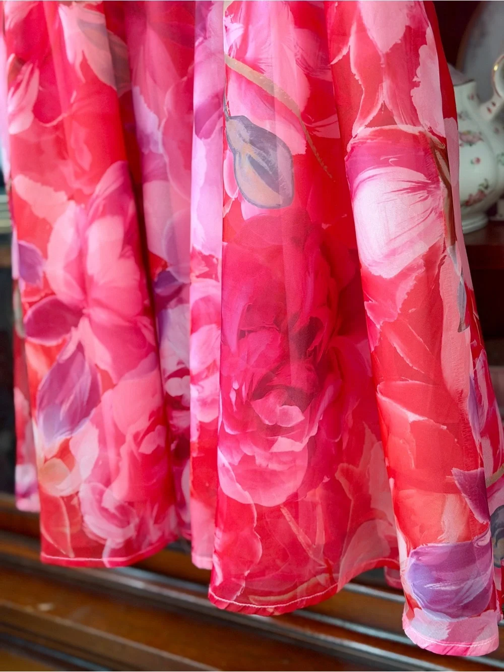 New Girls Dress Red & Pink Floral Puff-Sleeve Size 12